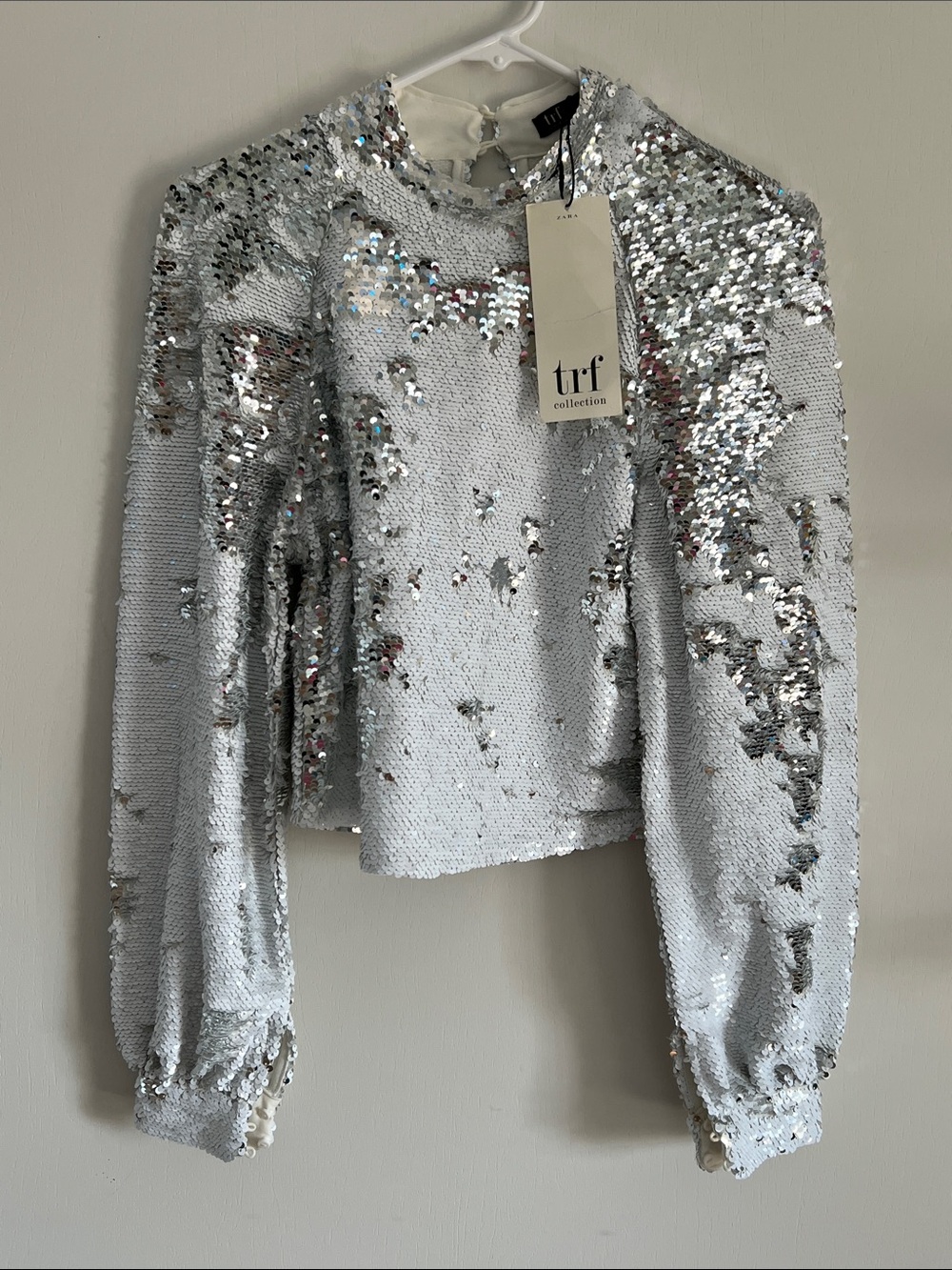 Zara TRF Collection silver and white flip-sequin cropped blouse